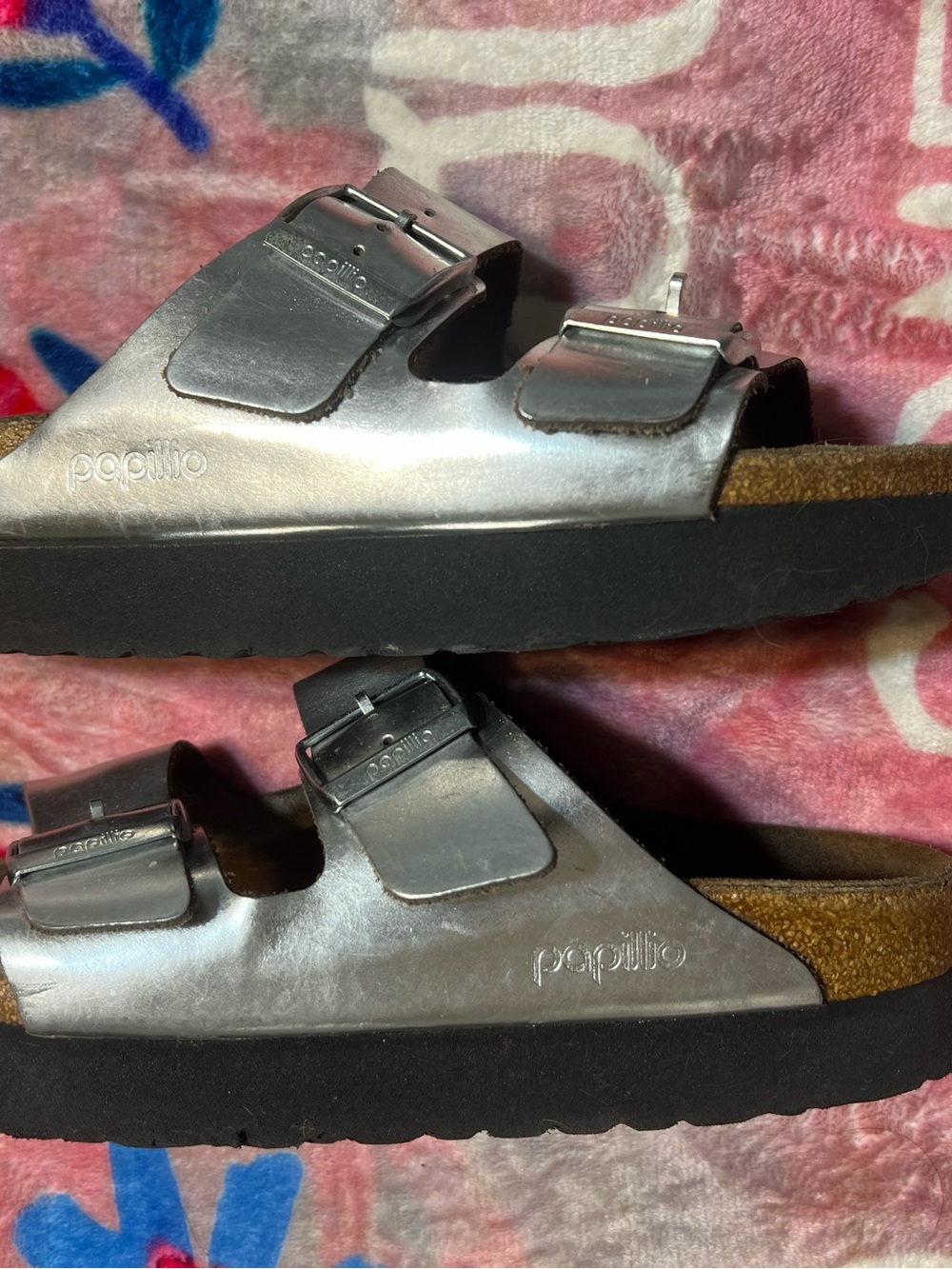 Birkenstock Arizona platform Metallic Silver Double-Buckle Slide Slides size 39